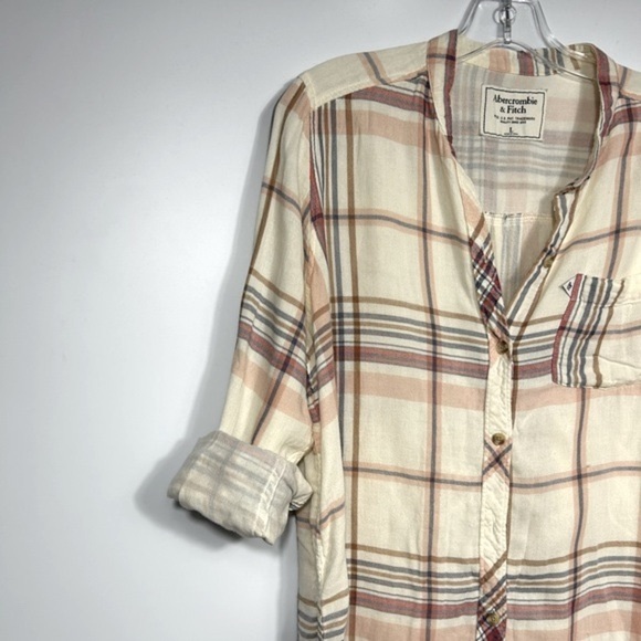 Abercrombie&Fitch Plaid Flannel Long Sleeve Button Down Top Cream Size L - Picture 7 of 9